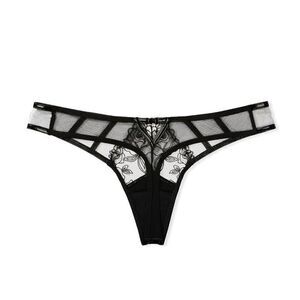 Victoria’s Secret VS Midnight Affair Thong Panty Black Leather Gold Floral Lace